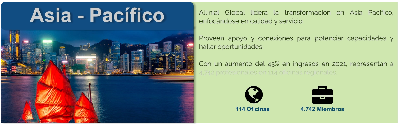 Asia - Pacífico Allinial Global lidera la transformación en Asia Pacífico, enfocándose en calidad y servicio.   Proveen apoyo y conexiones para potenciar capacidades y hallar oportunidades.  Con un aumento del 45% en ingresos en 2021, representan a 4,742 profesionales en 114 oficinas regionales.      114 Oficinas 4.742 Miembros